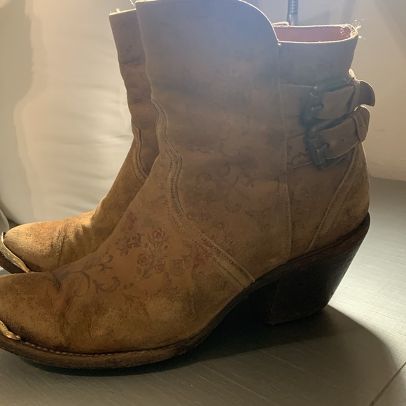 Lucchese Brown Short Distressed Floral Boots - Picture 3 of 14